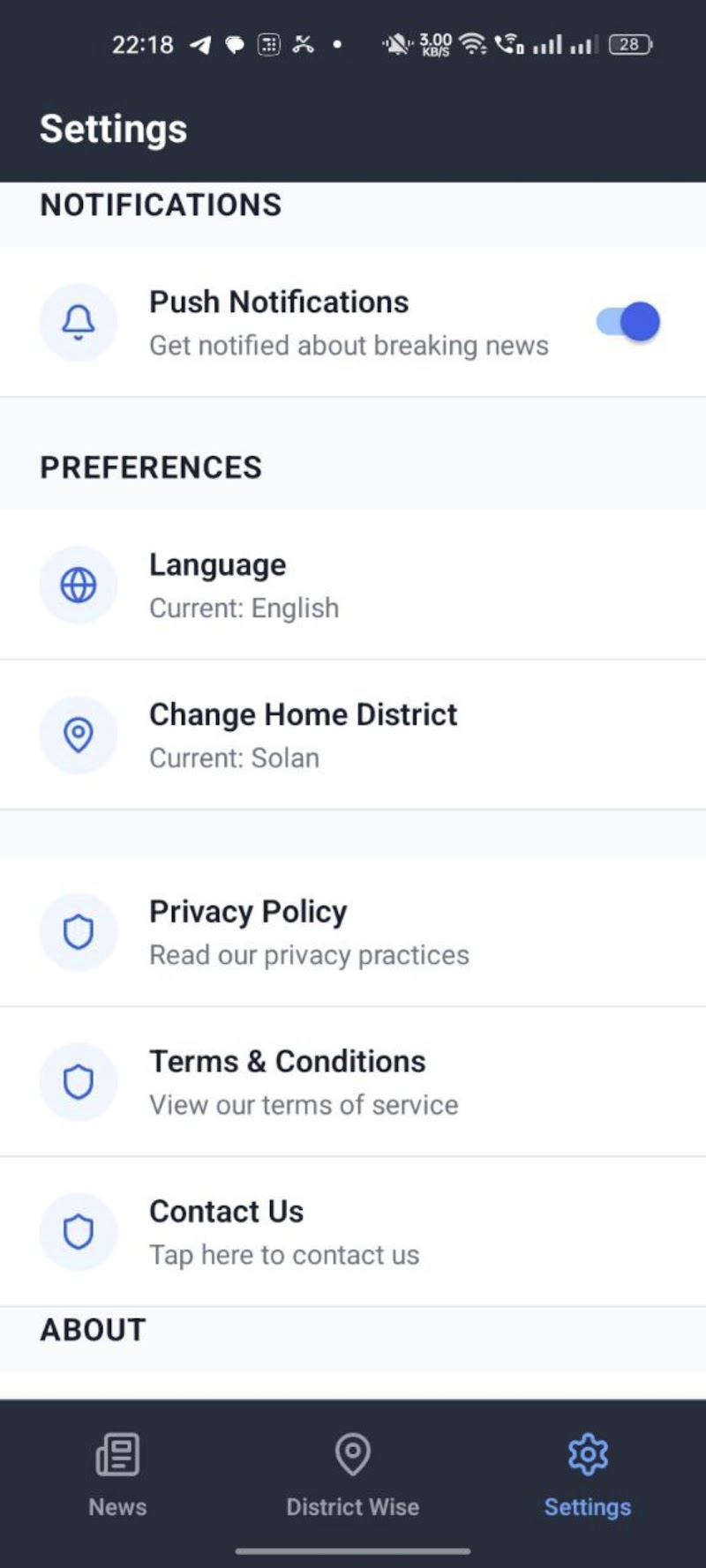 Settings screen